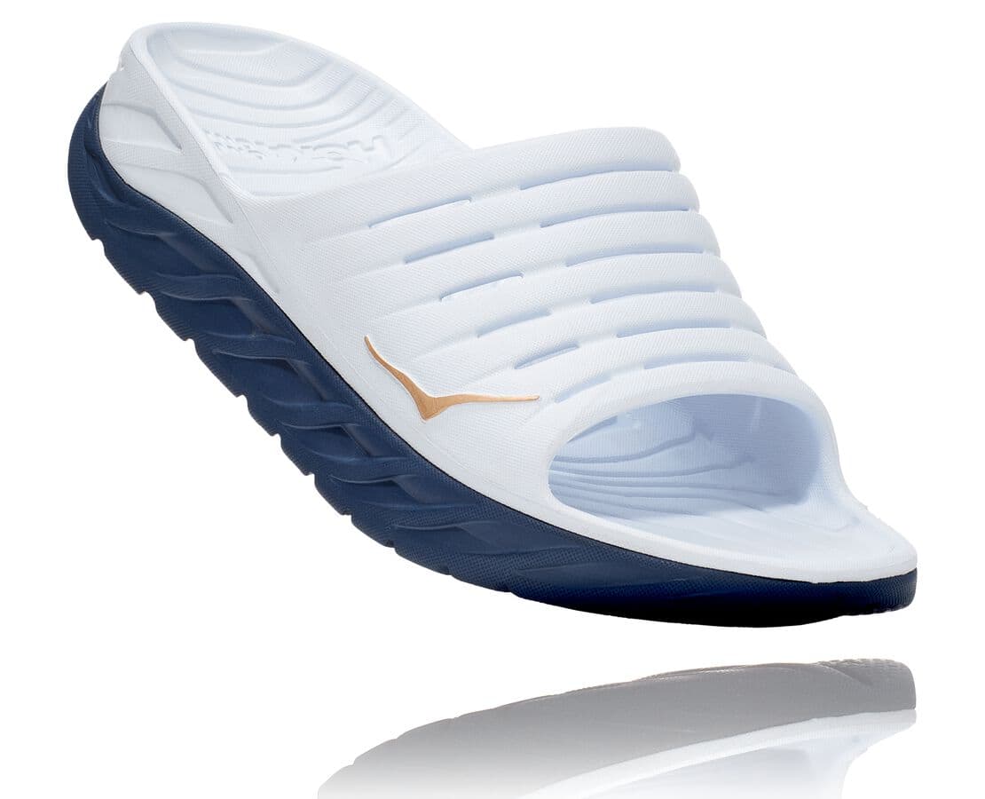 Hoka One One Ora Recovery Slide Herren Erholungssandalen Weiß / Indigo | (DE-7930NOYKI)